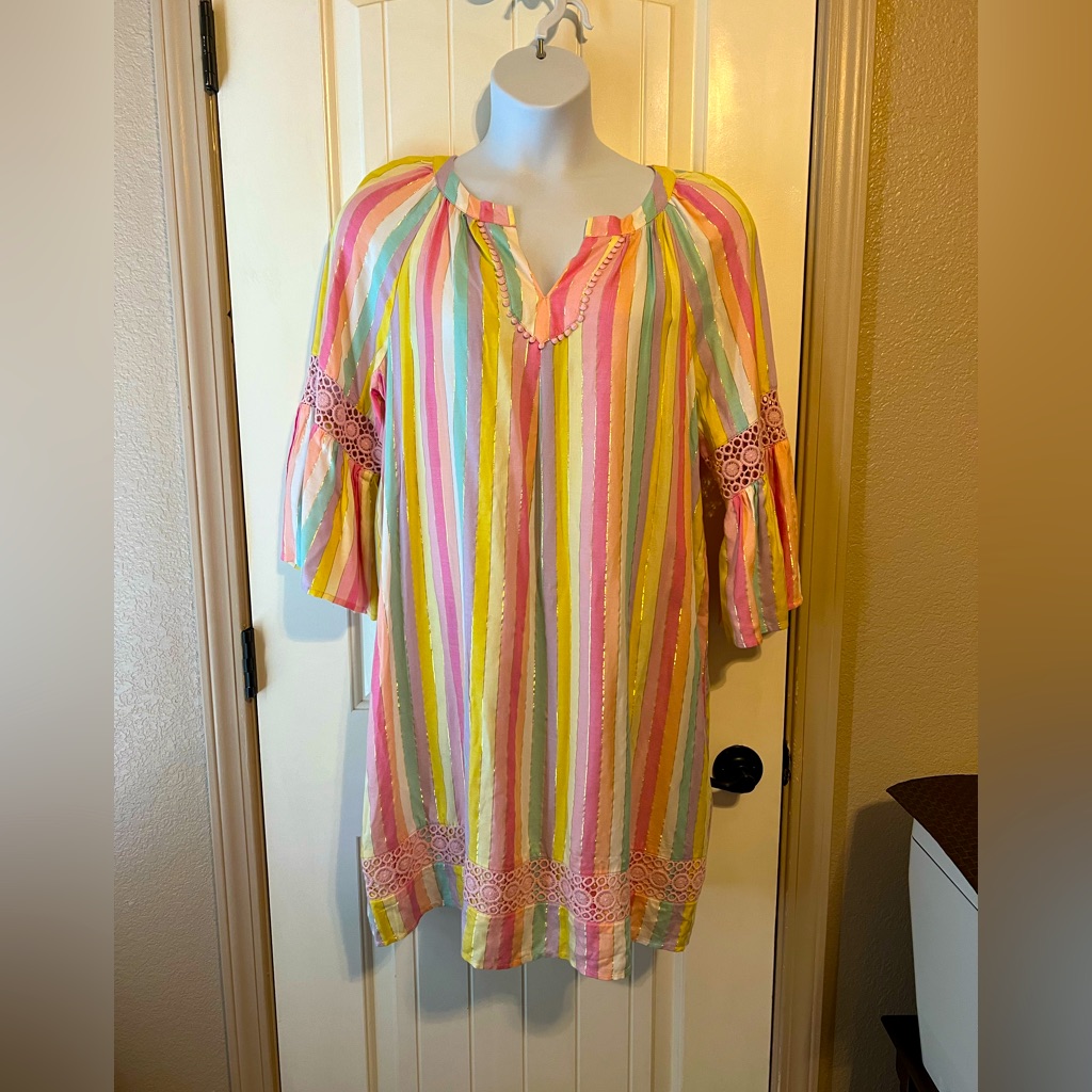 Size Large : Nwot: Crown & Ivy Dress Pastel Pink Rainbow Strip